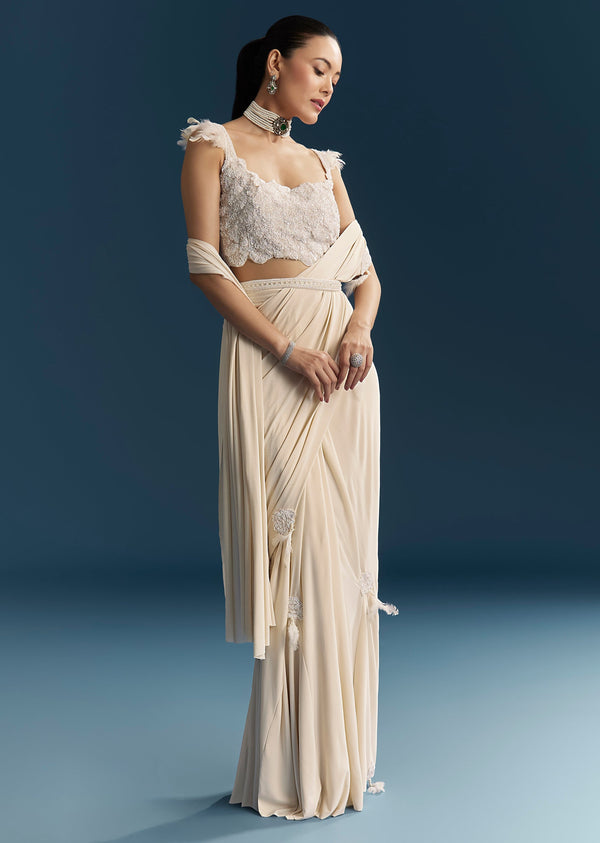White Ready Pleated Saree With Cutdana Work