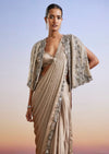 Beige Embroidered Ready Pleated Saree With Cape Jacket