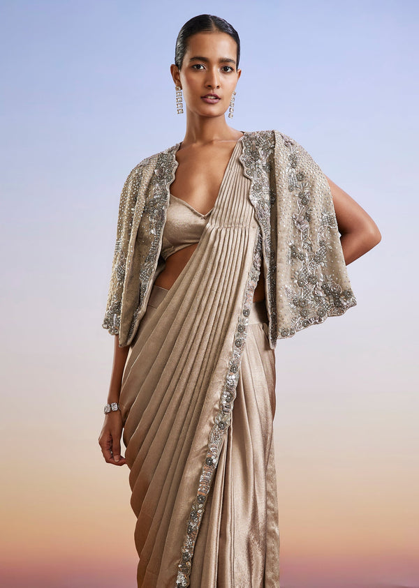 Beige Embroidered Ready Pleated Saree With Cape Jacket