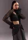 Black 3D Patchwork Cutdana Drape Saree With Sleeveless Overlap Blouse