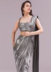 Black And Grey Ready Pleated Sequins Saree Set With Cowl Neck Blouse