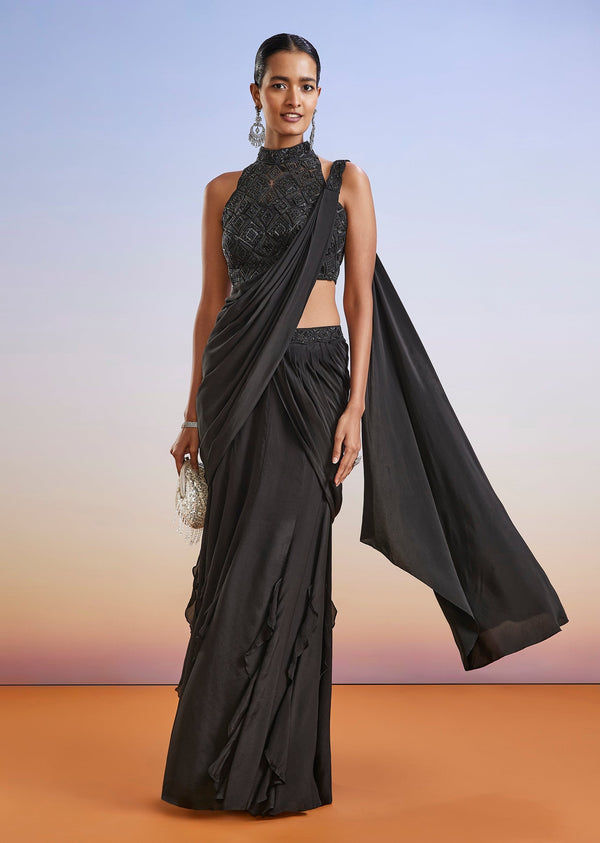 Black Beaded Embroidered Ready Pleated Saree With Blouse