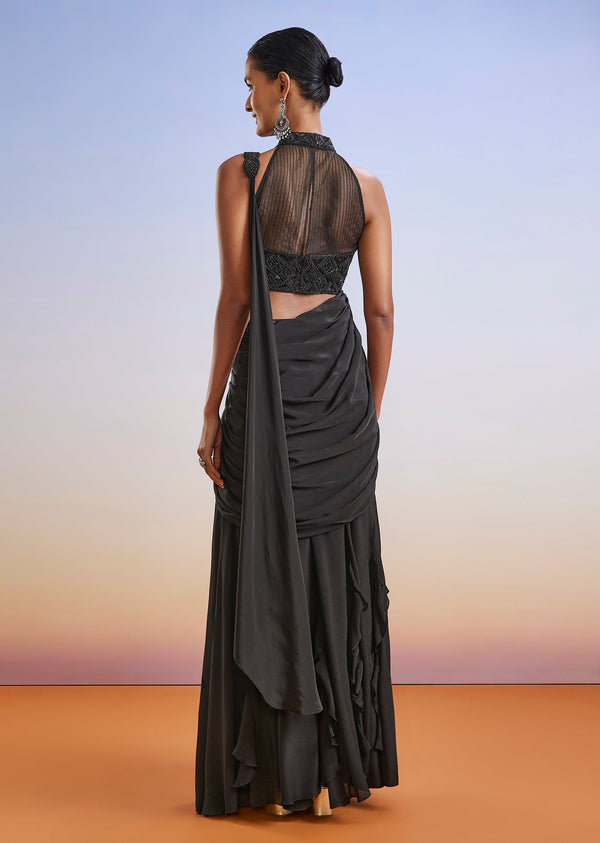 Black Beaded Embroidered Ready Pleated Saree With Blouse