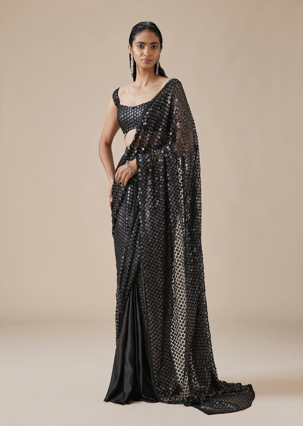 Black Embellished Ready Pleated Cocktail Saree