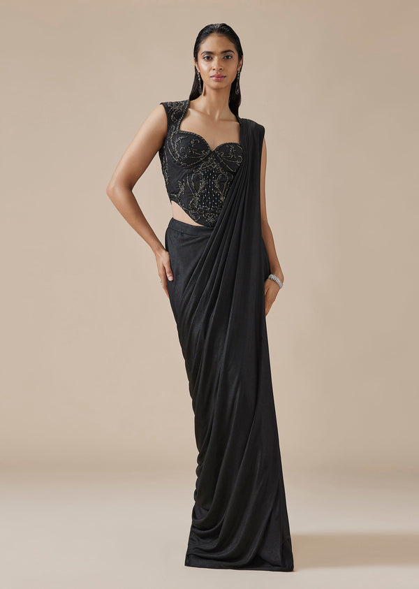 Black Embellished Ready Pleated Saree With Corset Blouse