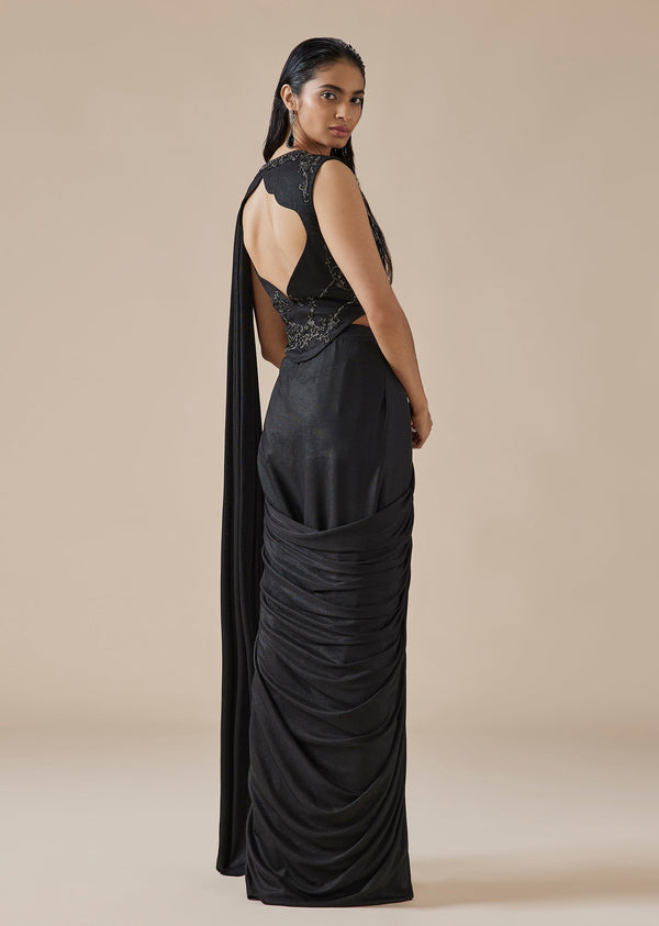 Black Embellished Ready Pleated Saree With Corset Blouse