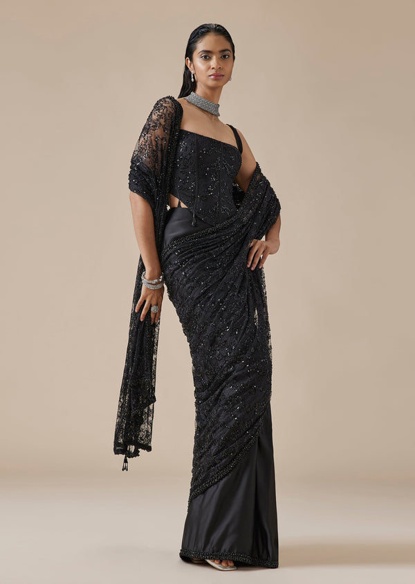 Black Embellished Ready Pleated Saree With Tikki Detailing