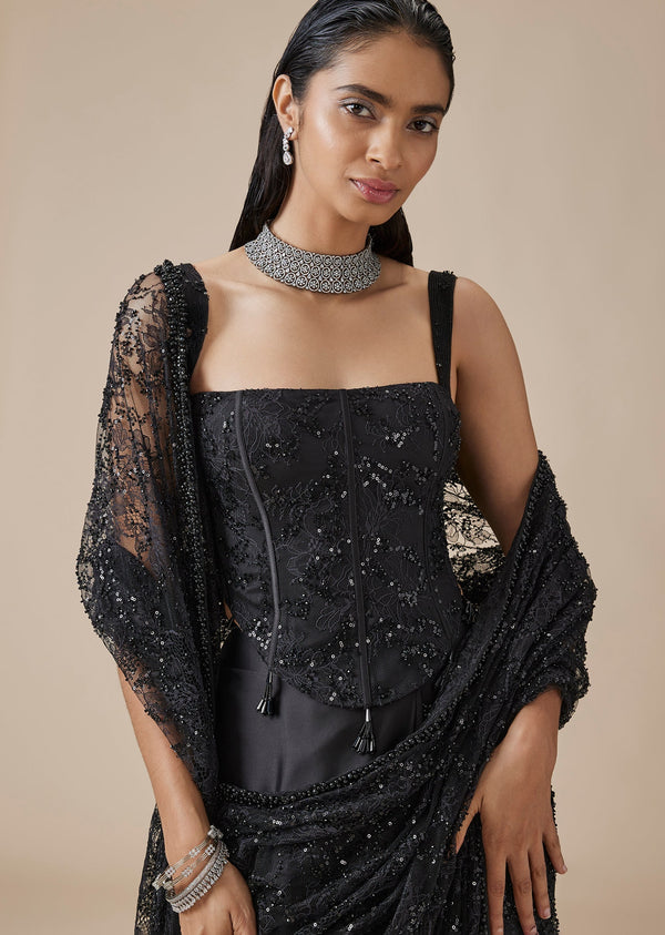 Black Embellished Ready Pleated Saree With Tikki Detailing