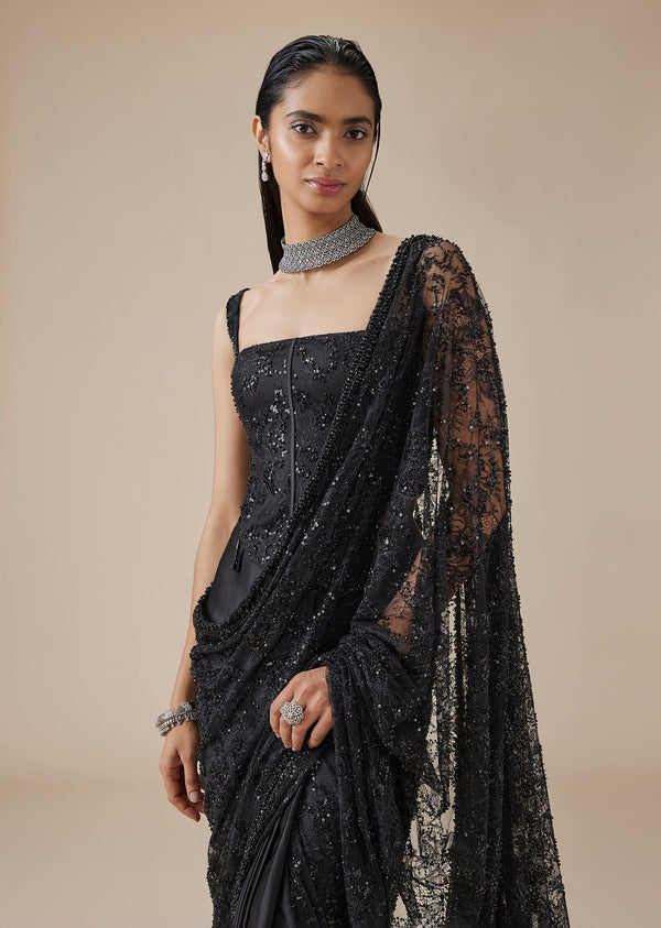 Black Embellished Ready Pleated Saree With Tikki Detailing