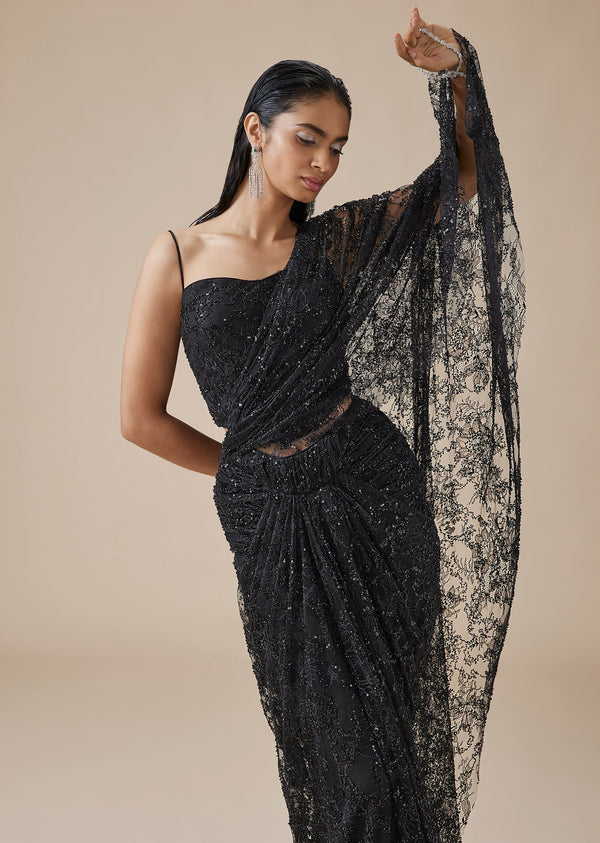 Black Lace Ready Pleated Saree With Corset Blouse