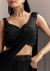 Black Lycra Ready Pleated Saree With Embroidery And Matching Blouse