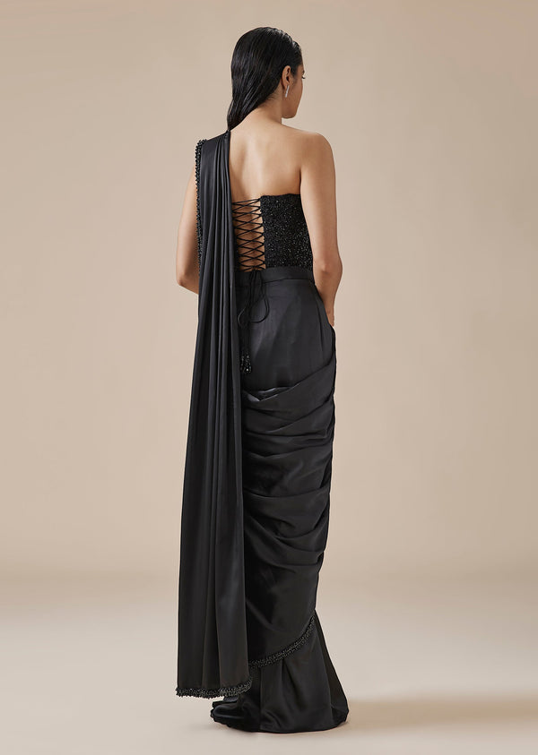 Black Moti Detail Ready Pleated Saree With Front Slit