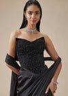 Black Moti Detail Ready Pleated Saree With Front Slit