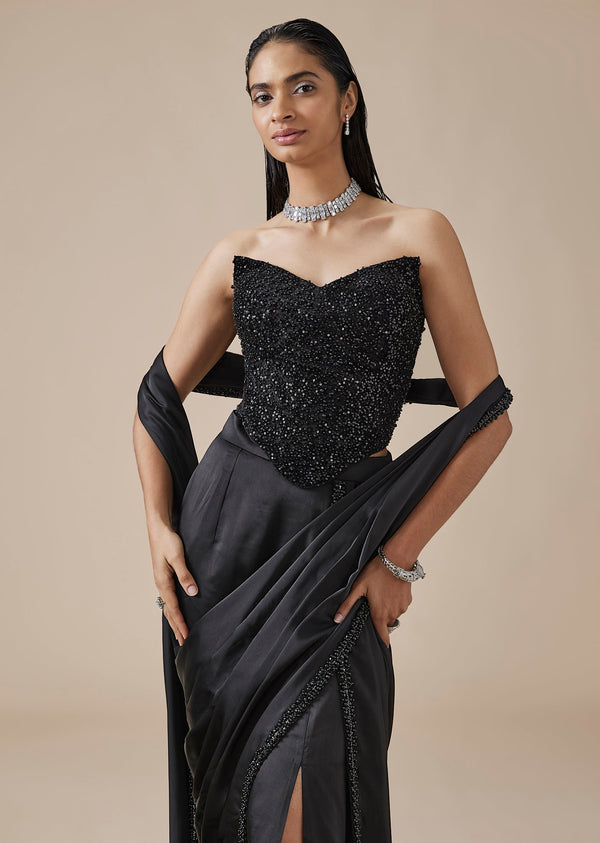 Black Moti Detail Ready Pleated Saree With Front Slit
