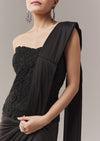 Black Ready Pleated Corset Saree With Thread And Cut Dana Work