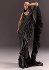 Black Ready Pleated Saree With Ruching Blouse And Frills