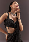 Black Ready To Wear Saree With 3D Patching And Fancy Neck Blouse