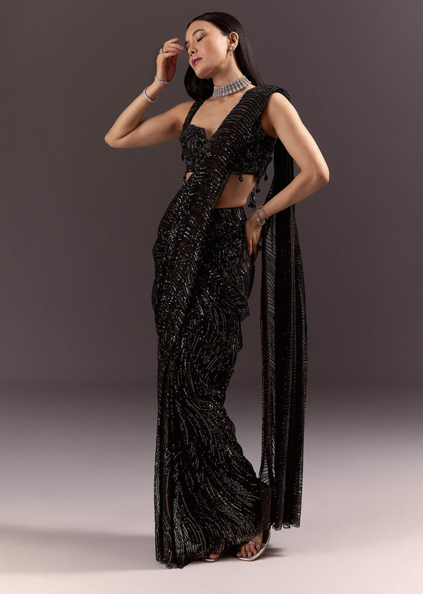 Black Ready To Wear Saree With 3D Patching And Fancy Neck Blouse