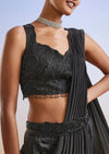 Black Satin Ready Pleated Saree With Embroidered Blouse And Belt