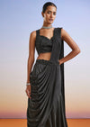 Black Satin Ready Pleated Saree With Embroidered Blouse And Belt