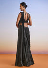 Black Satin Ready Pleated Saree With Embroidered Blouse And Belt