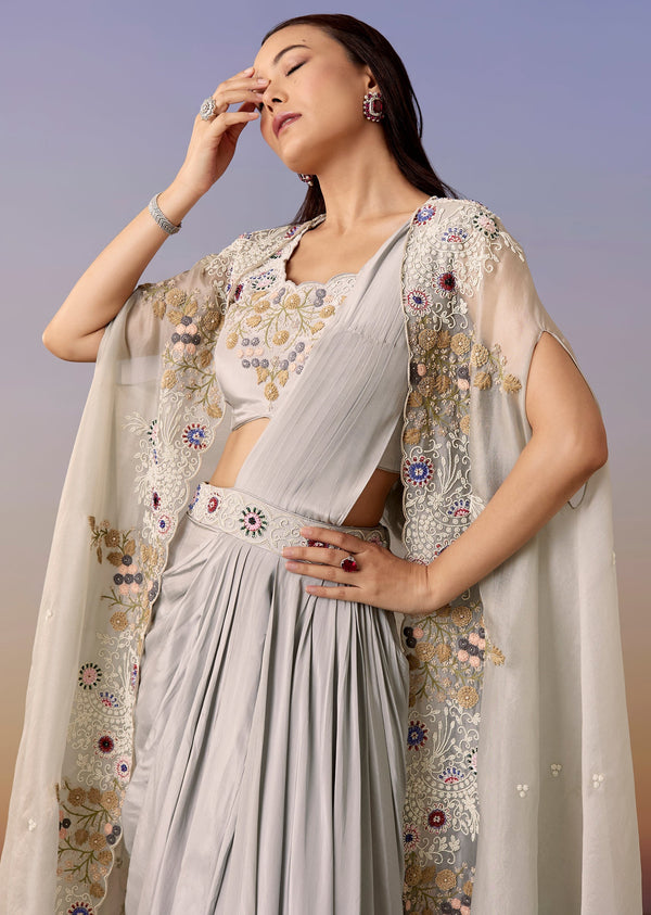 Blue Cape Pre Draped Saree Set