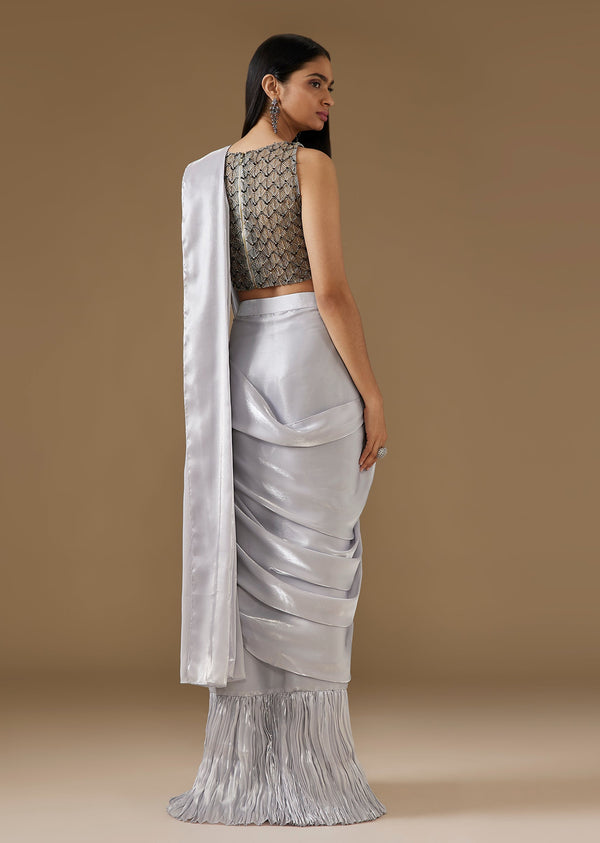 Blue Ready Pleated Saree With Heavy Embroidered Blouse