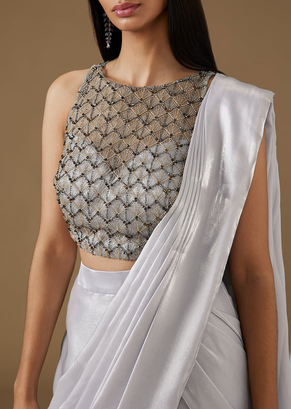 Blue Ready Pleated Saree With Heavy Embroidered Blouse