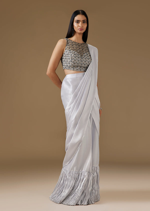 Blue Ready Pleated Saree With Heavy Embroidered Blouse