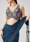 Blue Ready Pleated Saree With Resham Embroidered Blouse
