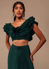Bottle Green Crepe Pre Drape Saree With Fancy Blouse And Embroidered Belt
