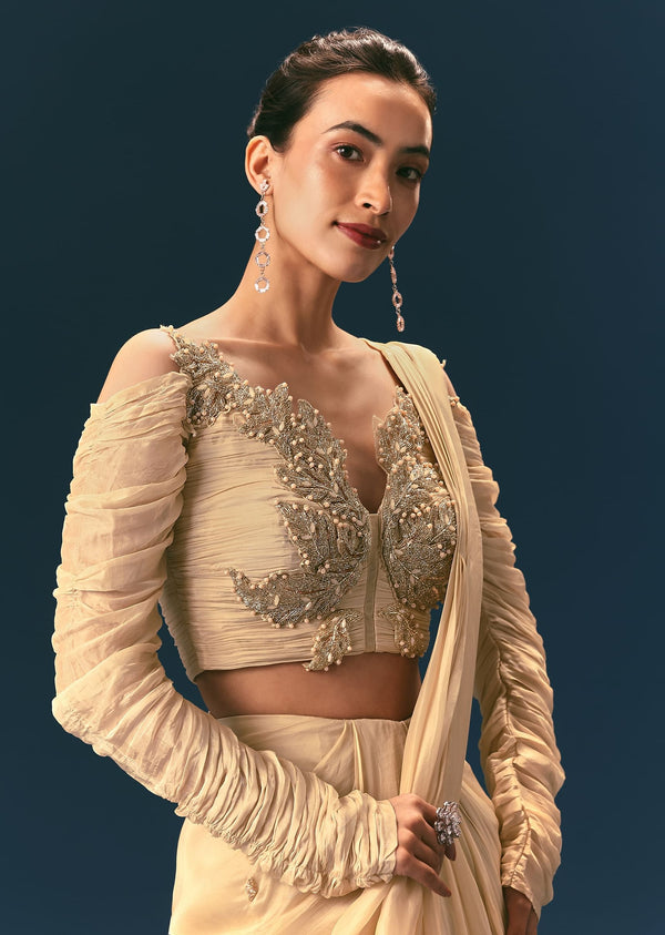 Champagne Peach Embroidered Readymade Saree With 3D Applique Blouse