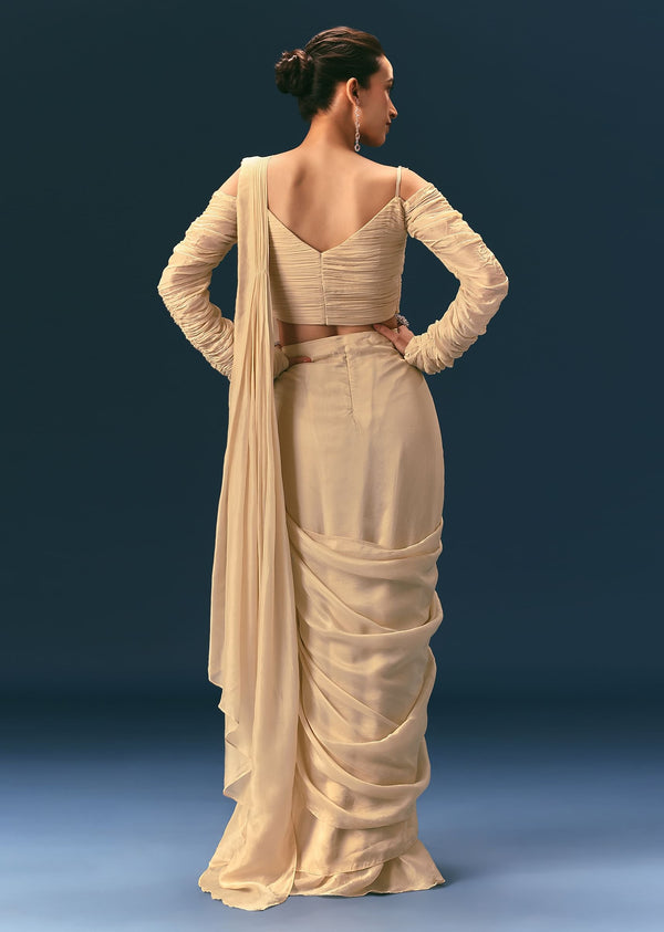 Champagne Peach Embroidered Readymade Saree With 3D Applique Blouse