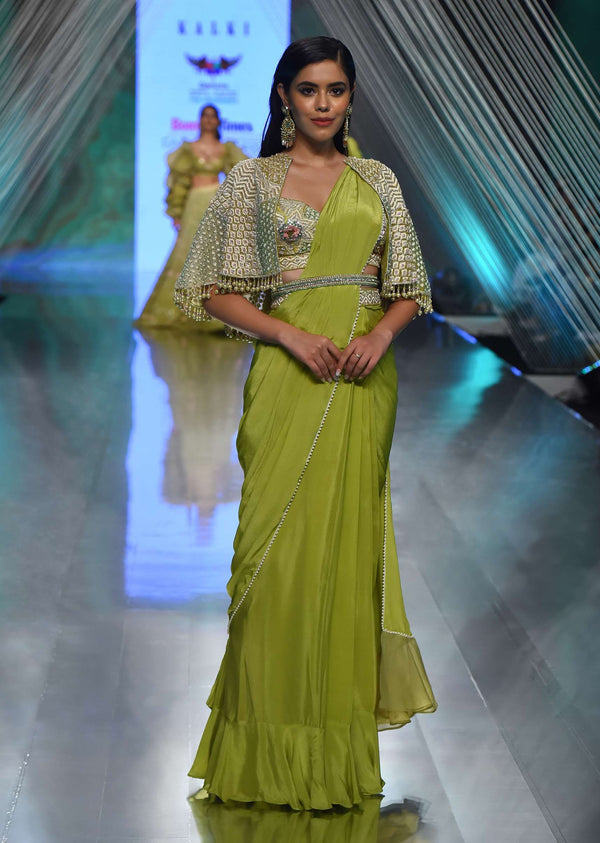 Citrus Green Pre Stitched Crepe Saree with Net Cape and V-Neck Crop Top