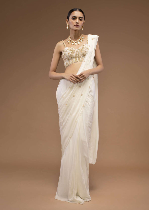 Cotton White Ready To Wear Saree With A Crop Top Set In Cut Dana Embroidery, Paired With The Spaghetti Straps With A Corset Neckline