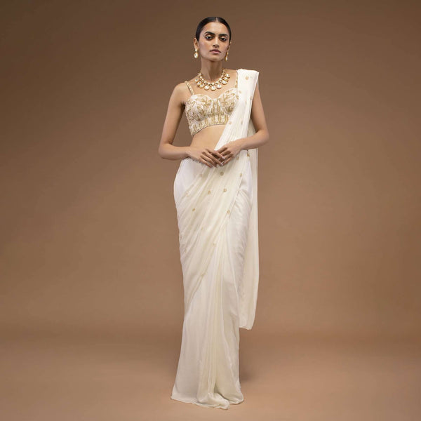 Cotton White Ready To Wear Saree With A Crop Top Set In Cut Dana Embroidery, Paired With The Spaghetti Straps With A Corset Neckline