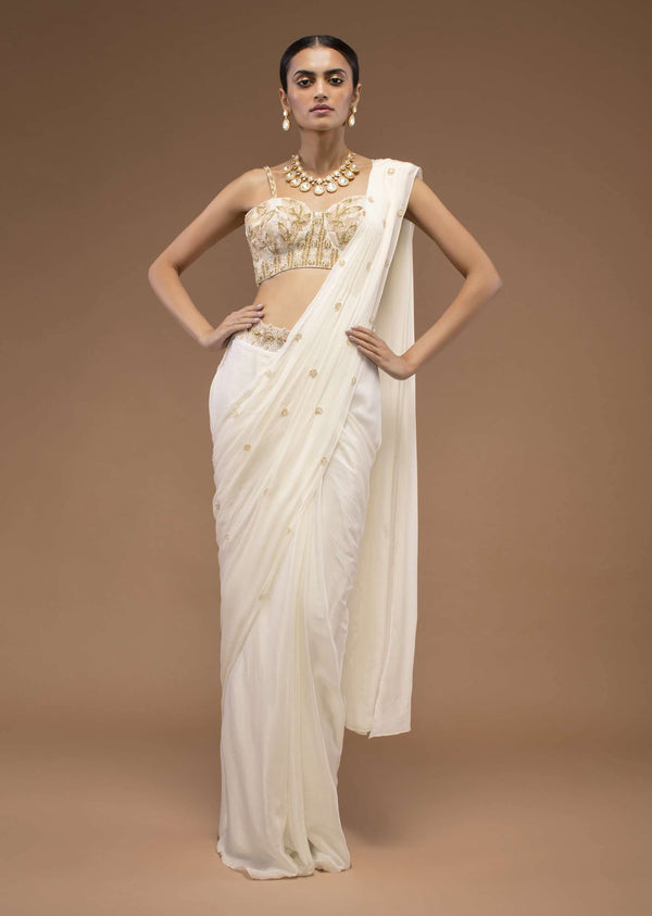 Cotton White Ready To Wear Saree With A Crop Top Set In Cut Dana Embroidery, Paired With The Spaghetti Straps With A Corset Neckline