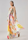 Cream Floral Printed Ready Pleated Saree With Embellished Blouse