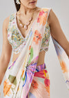 Cream Floral Printed Ready Pleated Saree With Embellished Blouse