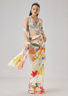 Cream Floral Printed Ready Pleated Saree With Embellished Blouse