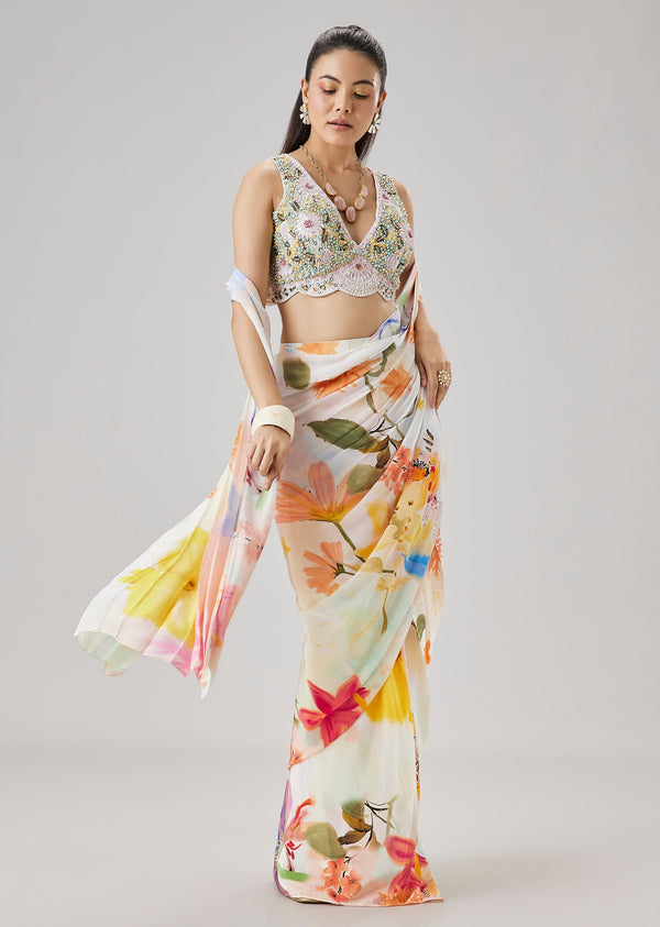Cream Floral Printed Ready Pleated Saree With Embellished Blouse