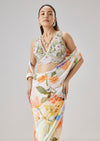 Cream Floral Printed Ready Pleated Saree With Embellished Blouse