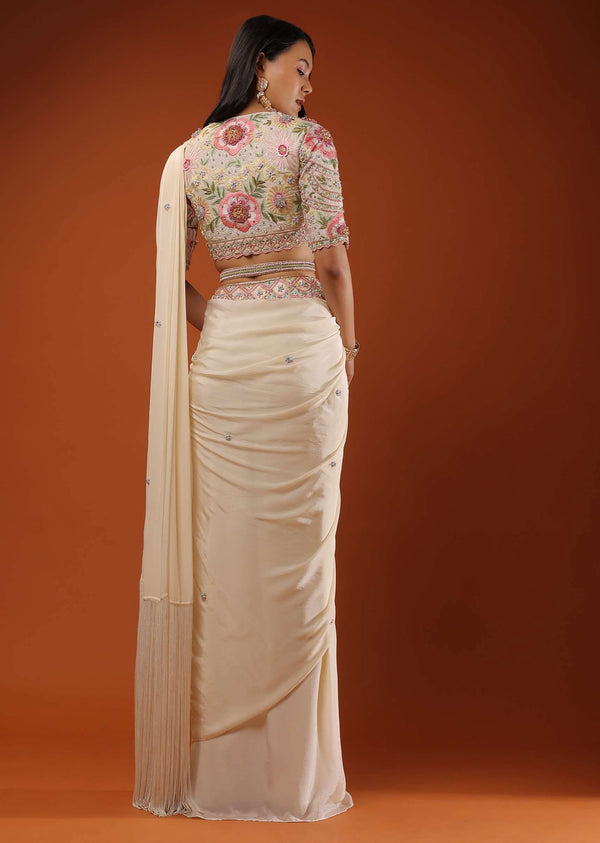 Cream White Ready To Wear Saree With Floral Hand Work On The Blouse