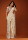 Cream White Ready To Wear Saree With Floral Hand Work On The Blouse