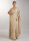 Cream Pre Draped Indo Western Saree With Jacket
