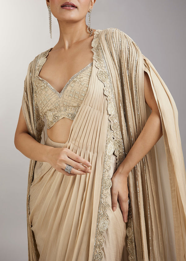 Cream Pre Draped Indo Western Saree With Jacket