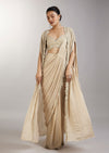 Cream Pre Draped Indo Western Saree With Jacket