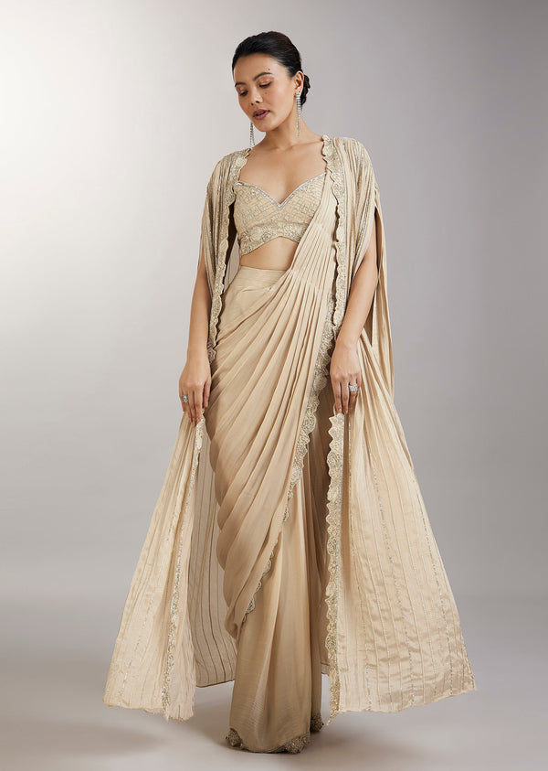 Cream Pre Draped Indo Western Saree With Jacket