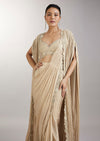 Cream Pre Draped Indo Western Saree With Jacket