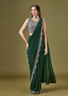 Dark Green Ready Pleated Saree With Mirror Embellished Blouse